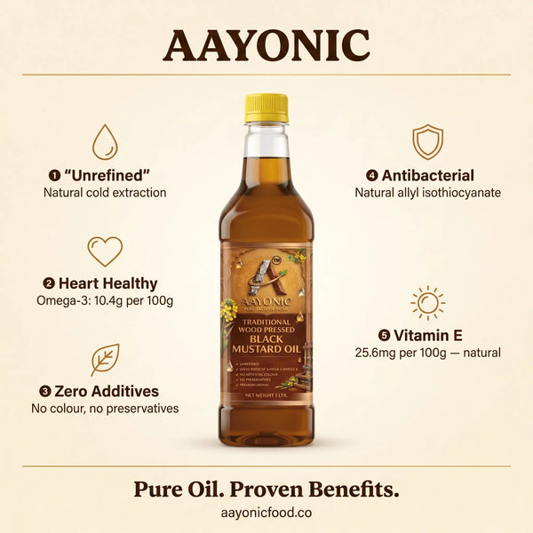 AAYONIC Wood Cold Pressed Mustard Oil — Kachi Ghani | Black Mustard Oil | A1 Grade Mustard Seeds