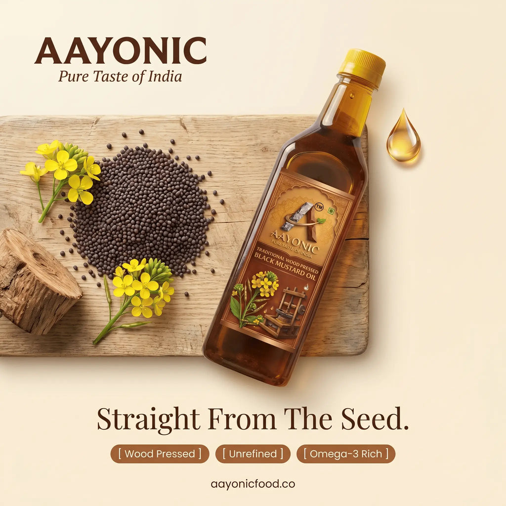 AAYONIC Wood Cold Pressed Mustard Oil — Kachi Ghani | Black Mustard Oil | A1 Grade Mustard Seeds