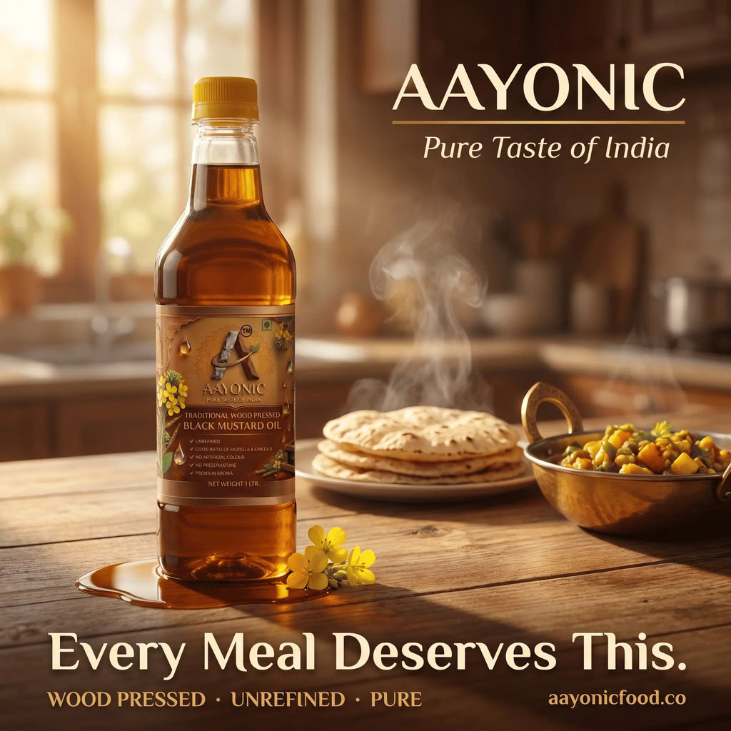 AAYONIC Wood Cold Pressed Mustard Oil — Kachi Ghani | Black Mustard Oil | A1 Grade Mustard Seeds