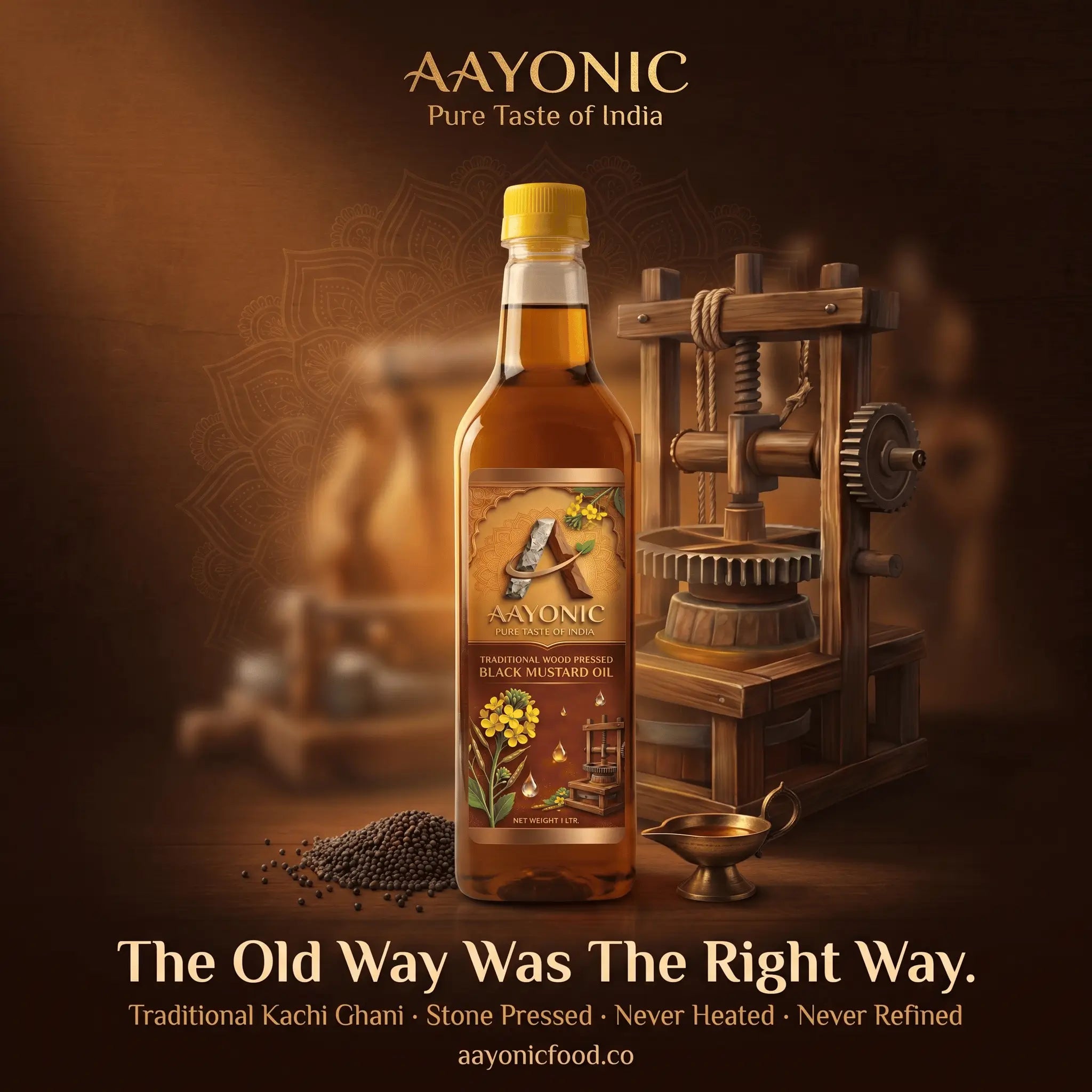 AAYONIC Wood Cold Pressed Mustard Oil — Kachi Ghani | Black Mustard Oil | A1 Grade Mustard Seeds